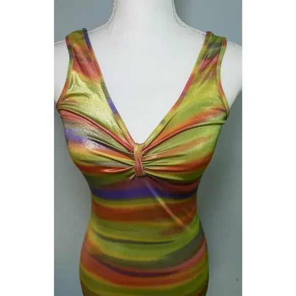 Y2K Rainbow Swirl Bodycon Mini Dress Ruched Bust Stretch Festival Clubwear Sz S - Picture 2 of 4